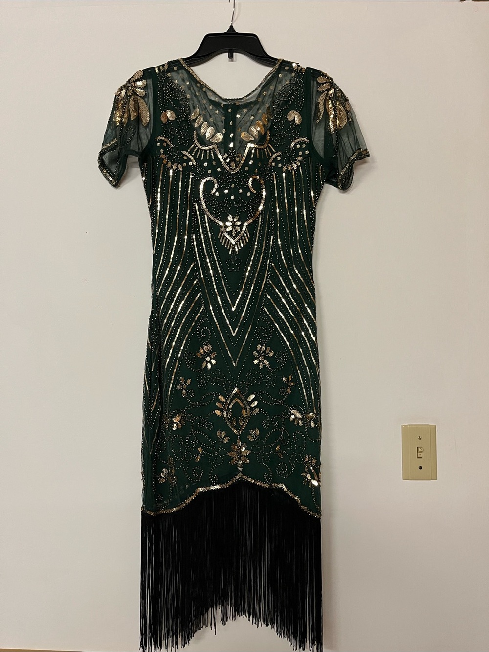 Embroidered Emerald Green Beaded Fringe Evening Dress